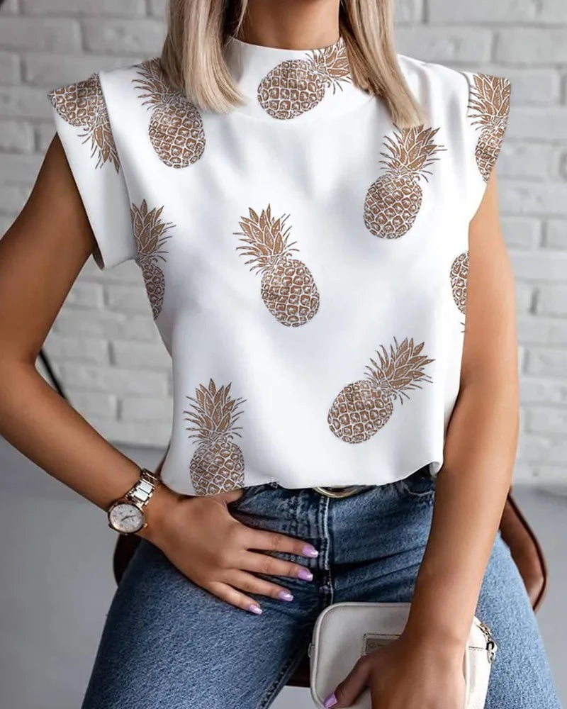 Women's Abstract Face Print Sleeveless Stand Collar Blouse with Button Front for Summer Fashion